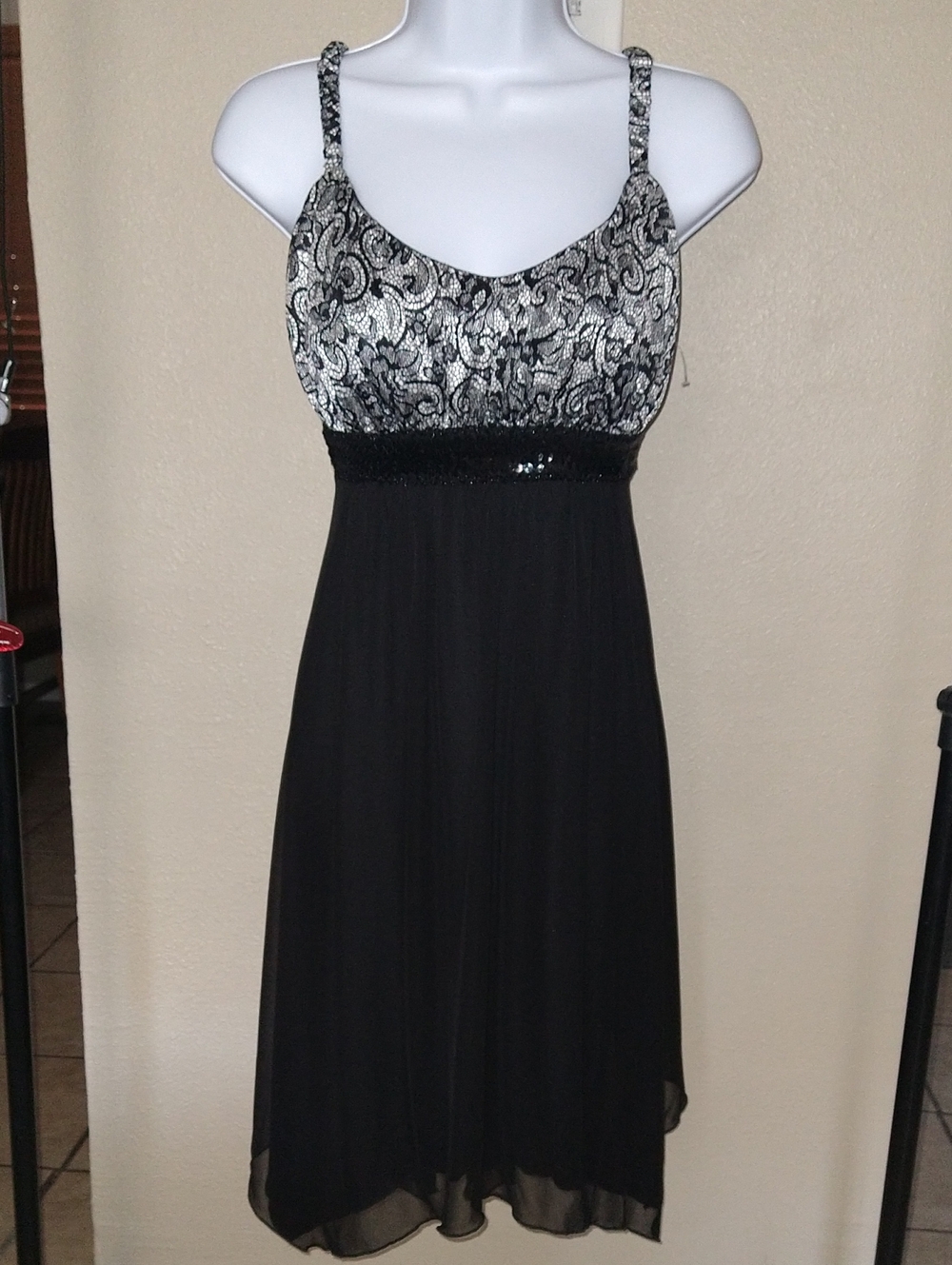 Black and Silver Thin-Strap Midi Dress
